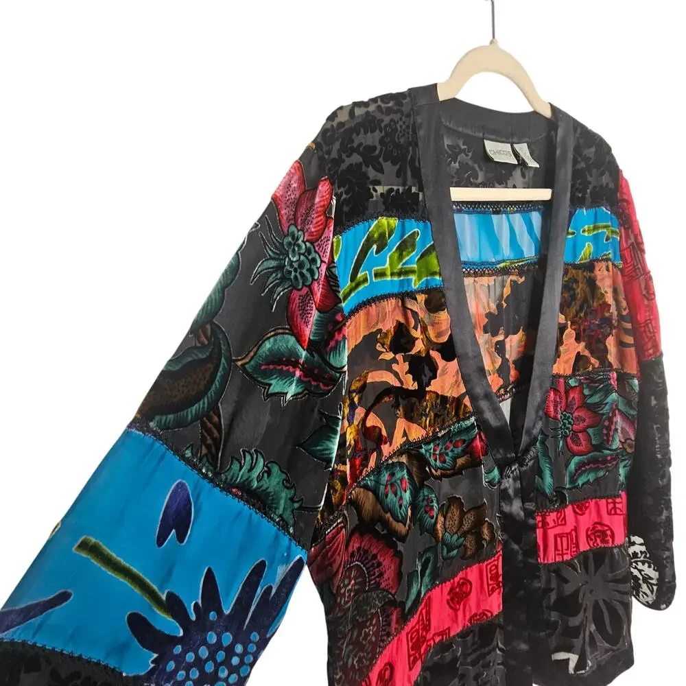 Chicos Silk Sheer Cardigan Size L Artsy Floral Bohemian Whimsigoth Patchwork - Picture 5 of 8